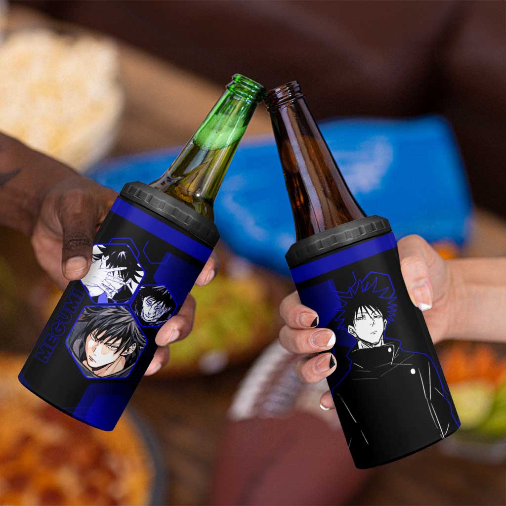 Megumi Fushiguro Jujutsu Kaisen Blue Hexagon Design 4 in 1 Can Cooler Tumbler with Shadow Techniques and Manga Style Art - The Mazicc