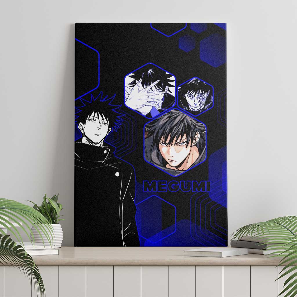 Megumi Fushiguro Jujutsu Kaisen Blue Hexagon Design Canvas Wall Art with Shadow Techniques and Manga Style Art - The Mazicc