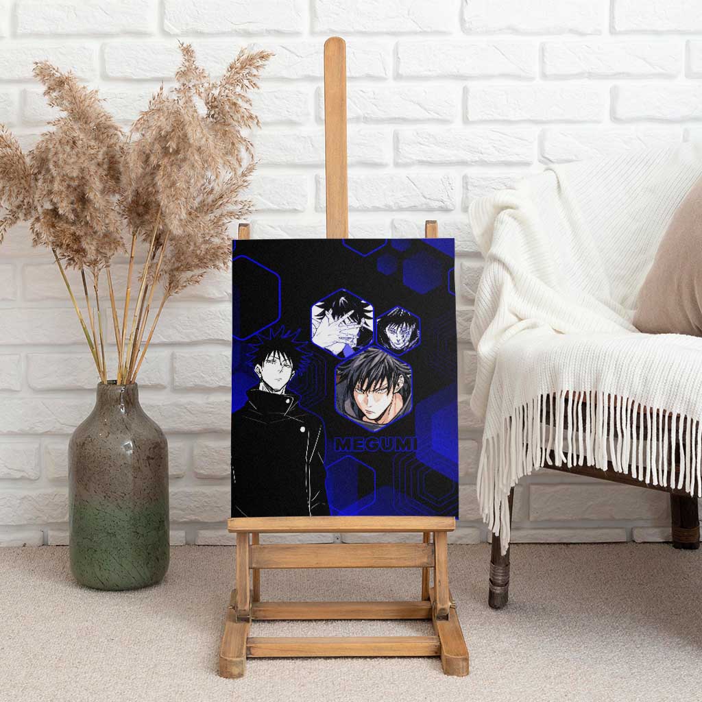 Megumi Fushiguro Jujutsu Kaisen Blue Hexagon Design Canvas Wall Art with Shadow Techniques and Manga Style Art - The Mazicc