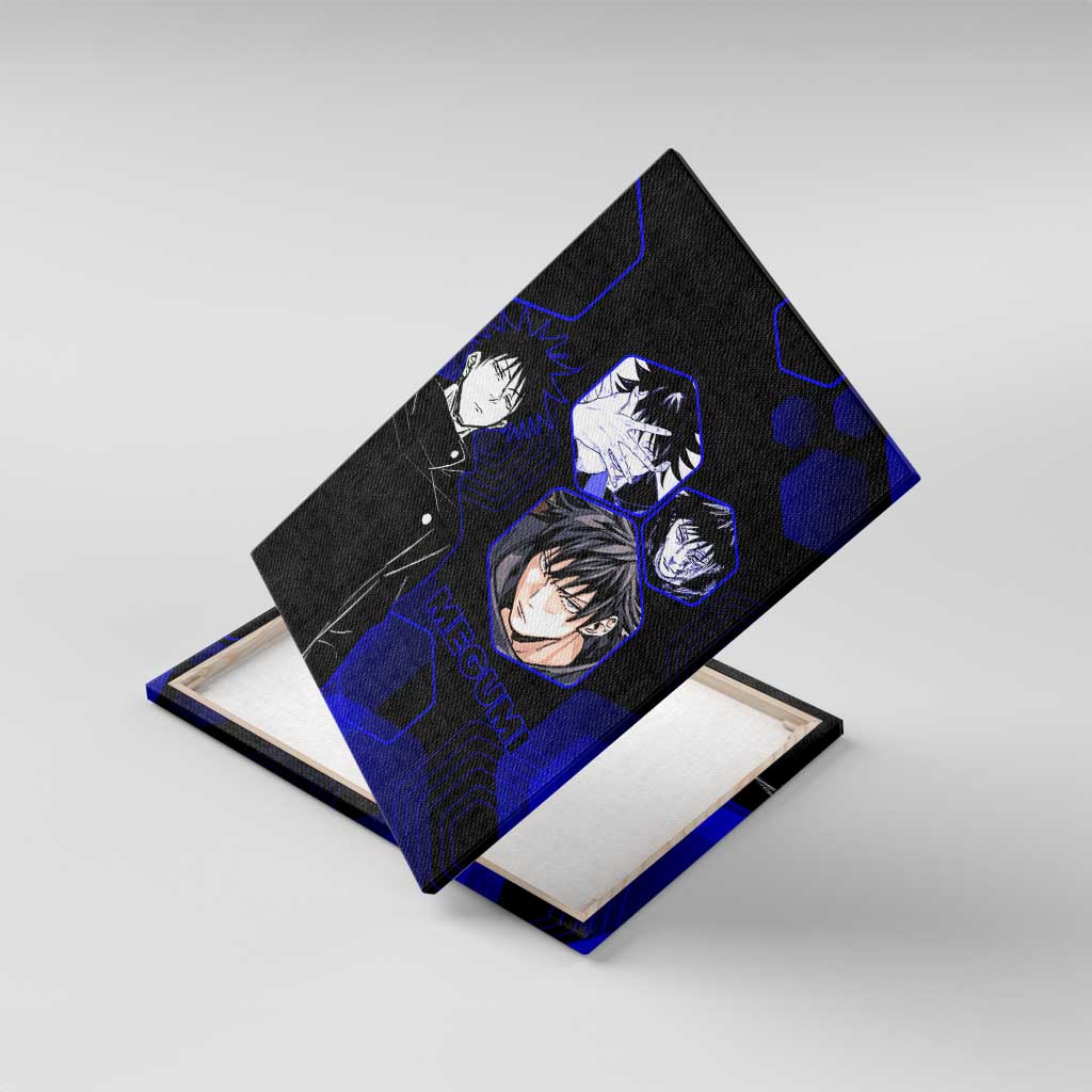Megumi Fushiguro Jujutsu Kaisen Blue Hexagon Design Canvas Wall Art with Shadow Techniques and Manga Style Art - The Mazicc