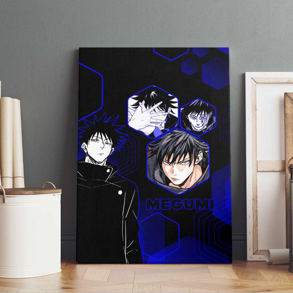Megumi Fushiguro Jujutsu Kaisen Blue Hexagon Design Canvas Wall Art with Shadow Techniques and Manga Style Art - The Mazicc