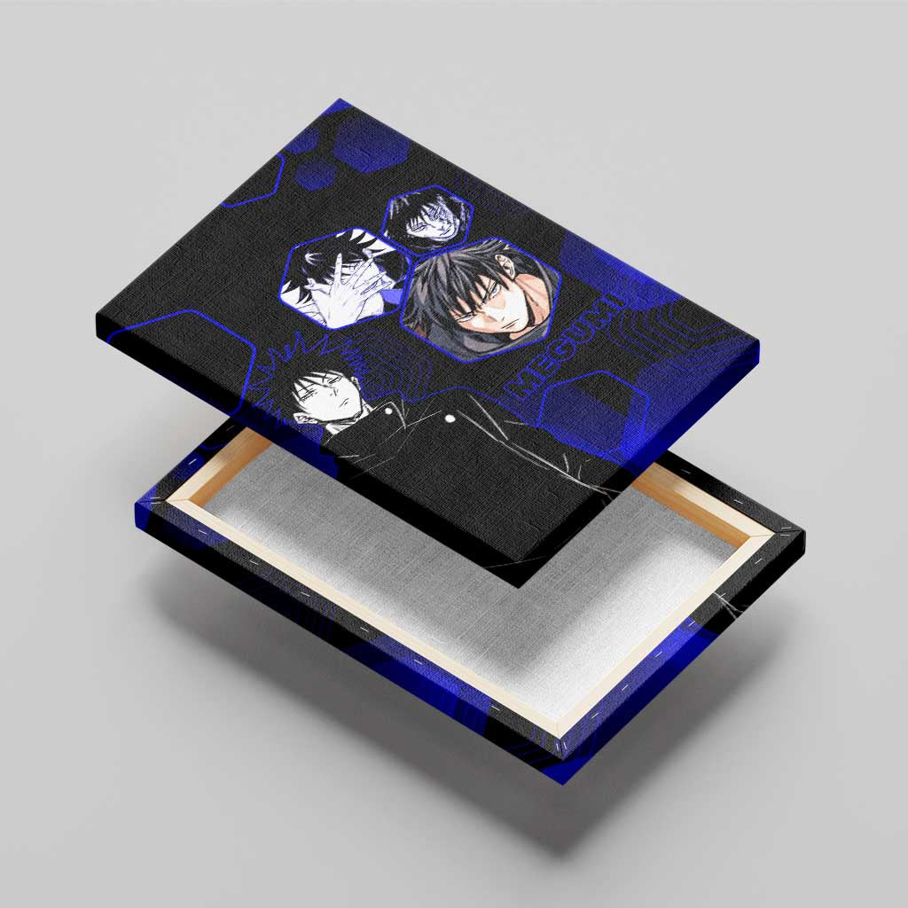 Megumi Fushiguro Jujutsu Kaisen Blue Hexagon Design Canvas Wall Art with Shadow Techniques and Manga Style Art - The Mazicc