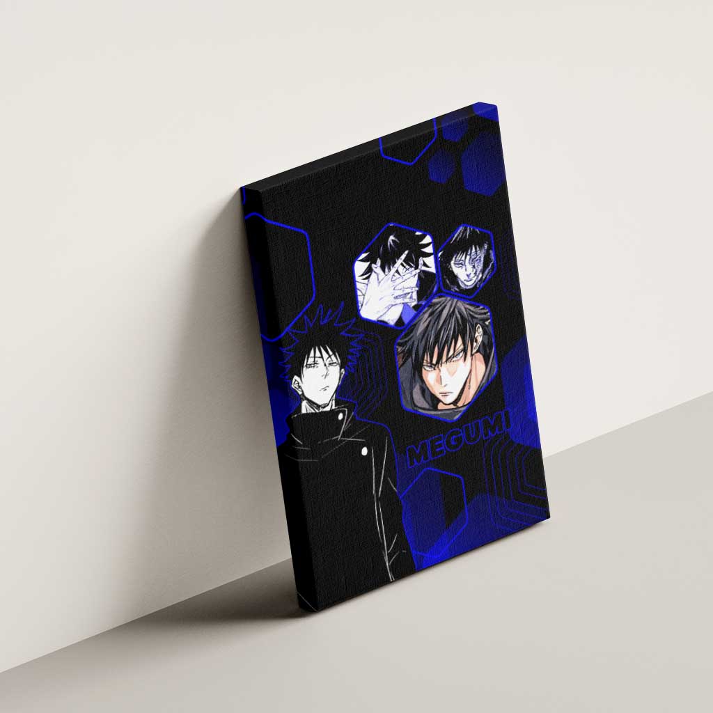 Megumi Fushiguro Jujutsu Kaisen Blue Hexagon Design Canvas Wall Art with Shadow Techniques and Manga Style Art - The Mazicc