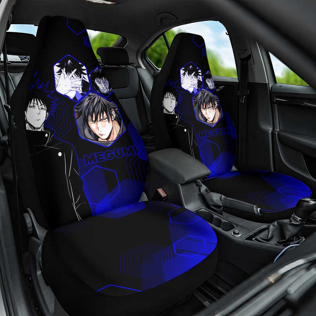 Megumi Fushiguro Jujutsu Kaisen Blue Hexagon Design Car Seat Cover with Shadow Techniques and Manga Style Art - The Mazicc