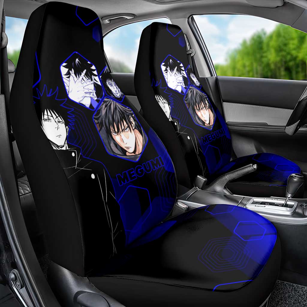 Megumi Fushiguro Jujutsu Kaisen Blue Hexagon Design Car Seat Cover with Shadow Techniques and Manga Style Art - The Mazicc
