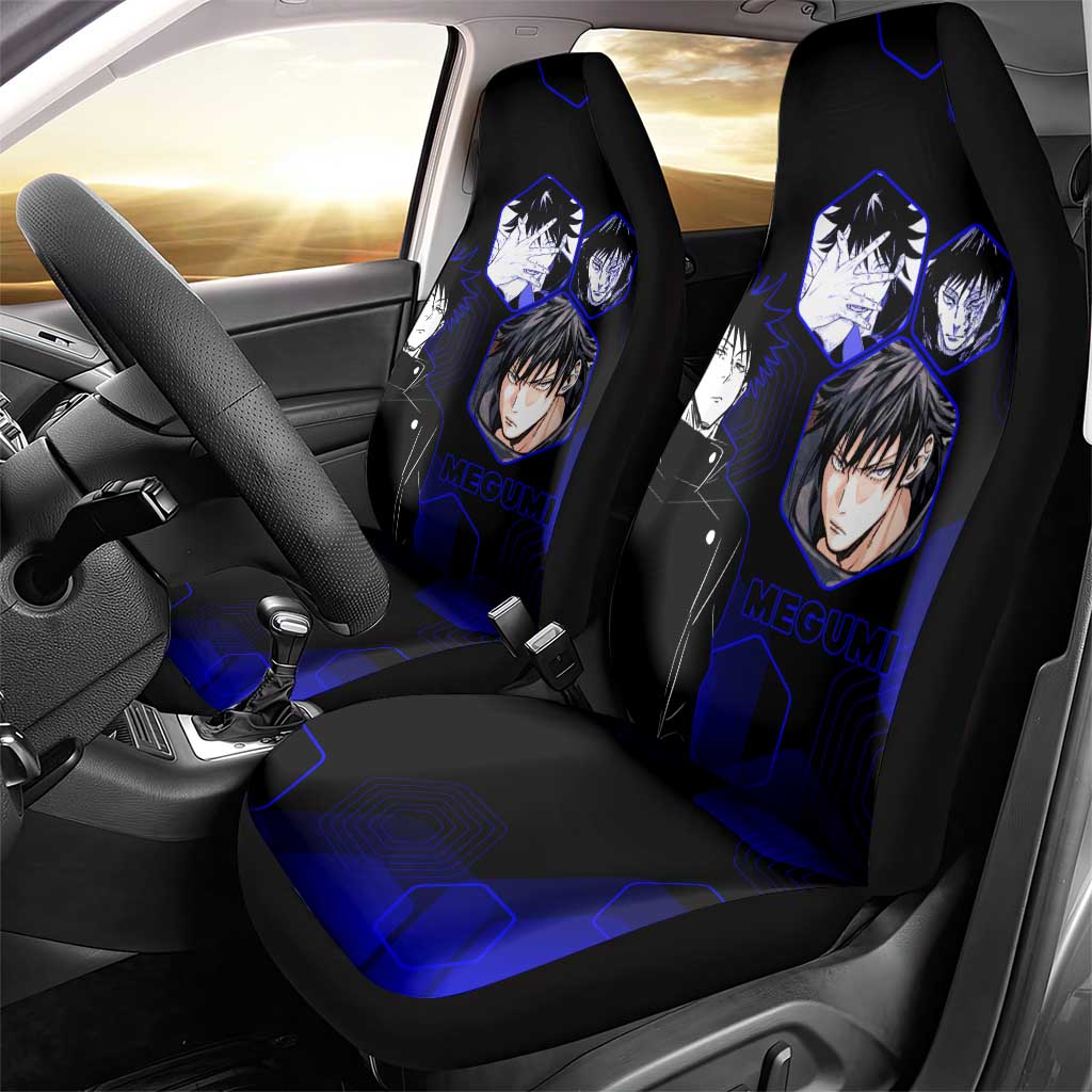 Megumi Fushiguro Jujutsu Kaisen Blue Hexagon Design Car Seat Cover with Shadow Techniques and Manga Style Art - The Mazicc