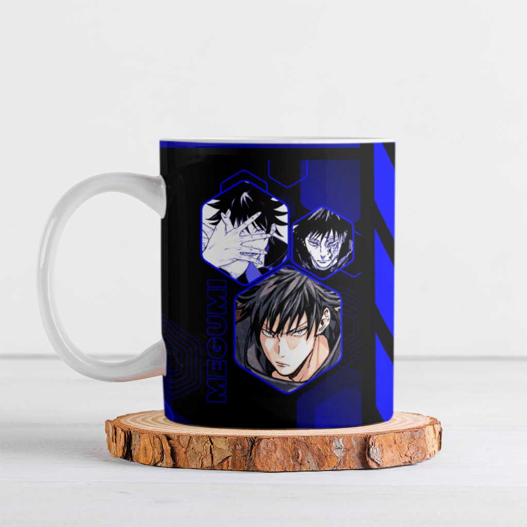 Megumi Fushiguro Jujutsu Kaisen Blue Hexagon Design Ceramic Mug with Shadow Techniques and Manga Style Art - The Mazicc