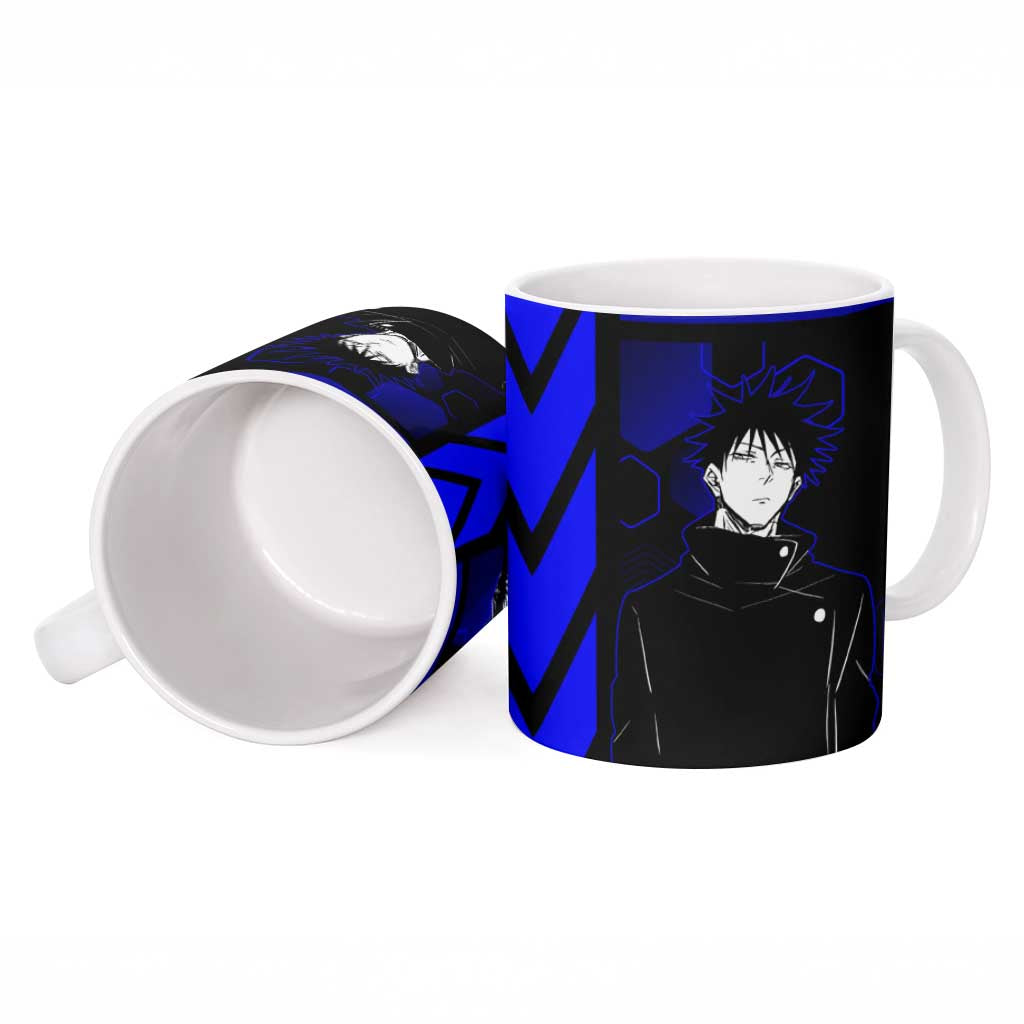Megumi Fushiguro Jujutsu Kaisen Blue Hexagon Design Ceramic Mug with Shadow Techniques and Manga Style Art - The Mazicc