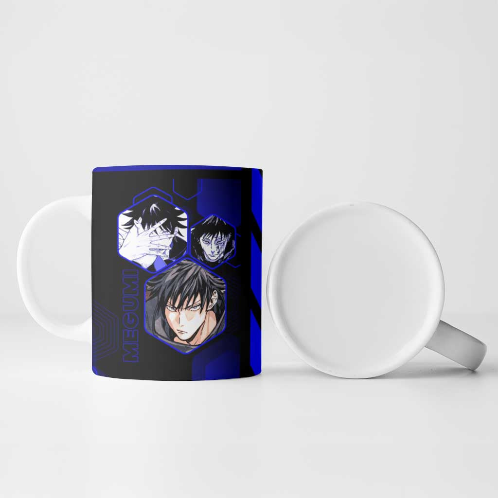 Megumi Fushiguro Jujutsu Kaisen Blue Hexagon Design Ceramic Mug with Shadow Techniques and Manga Style Art - The Mazicc