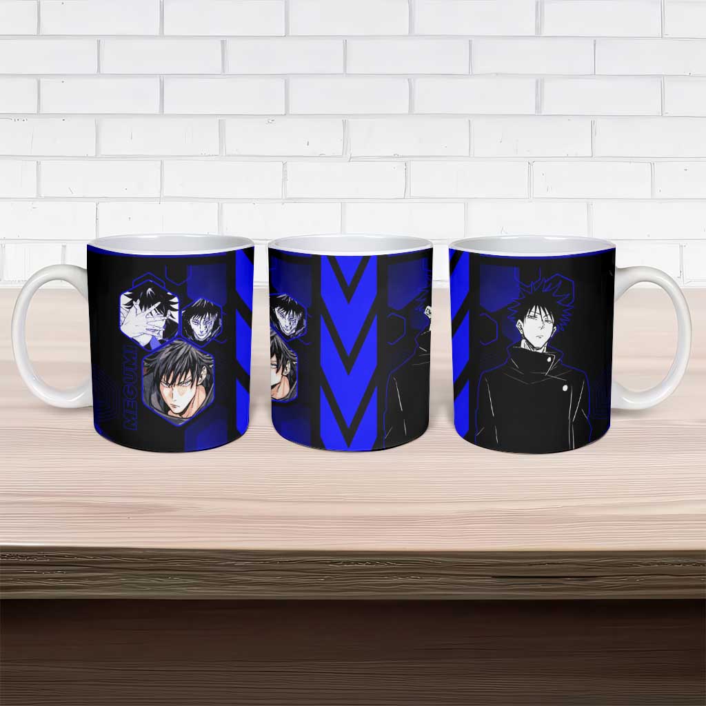 Megumi Fushiguro Jujutsu Kaisen Blue Hexagon Design Ceramic Mug with Shadow Techniques and Manga Style Art - The Mazicc