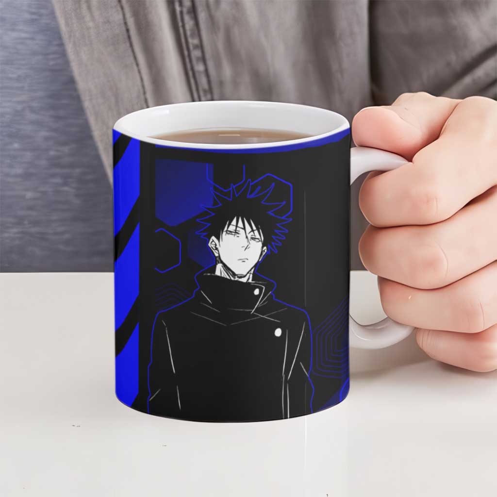 Megumi Fushiguro Jujutsu Kaisen Blue Hexagon Design Ceramic Mug with Shadow Techniques and Manga Style Art - The Mazicc