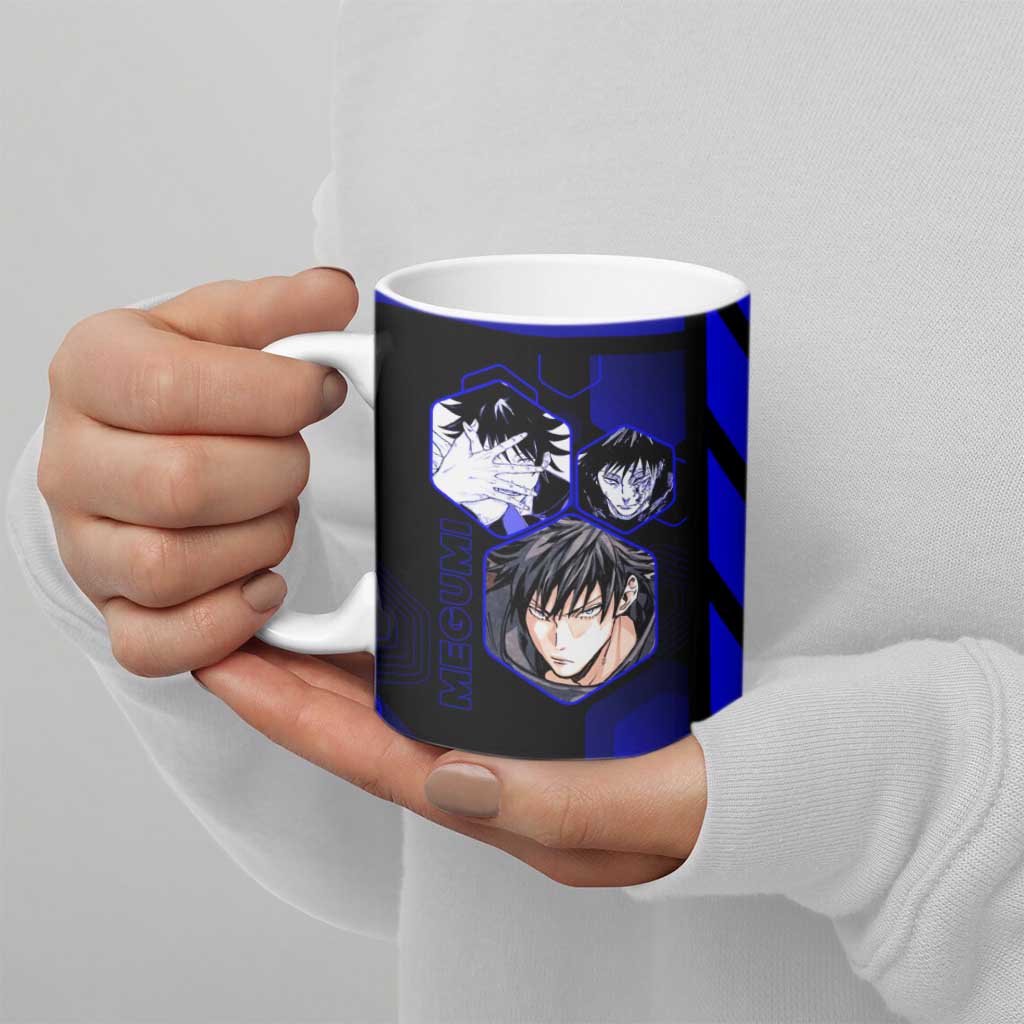 Megumi Fushiguro Jujutsu Kaisen Blue Hexagon Design Ceramic Mug with Shadow Techniques and Manga Style Art - The Mazicc