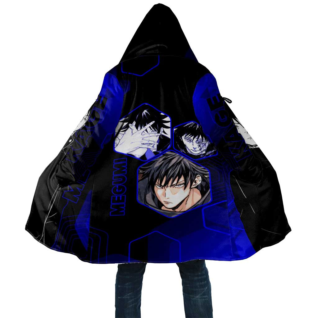 Megumi Fushiguro Jujutsu Kaisen Blue Hexagon Design Cloak with Shadow Techniques and Manga Style Art - The Mazicc