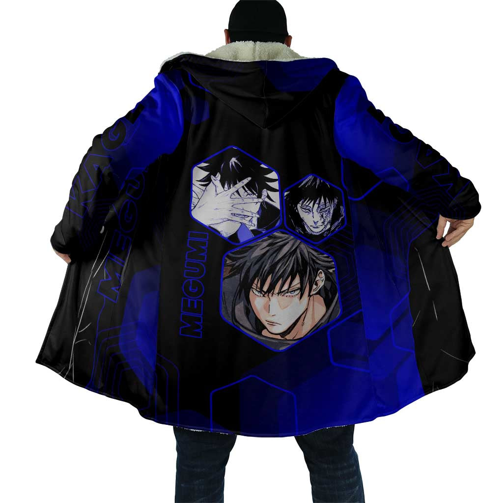 Megumi Fushiguro Jujutsu Kaisen Blue Hexagon Design Cloak with Shadow Techniques and Manga Style Art - The Mazicc