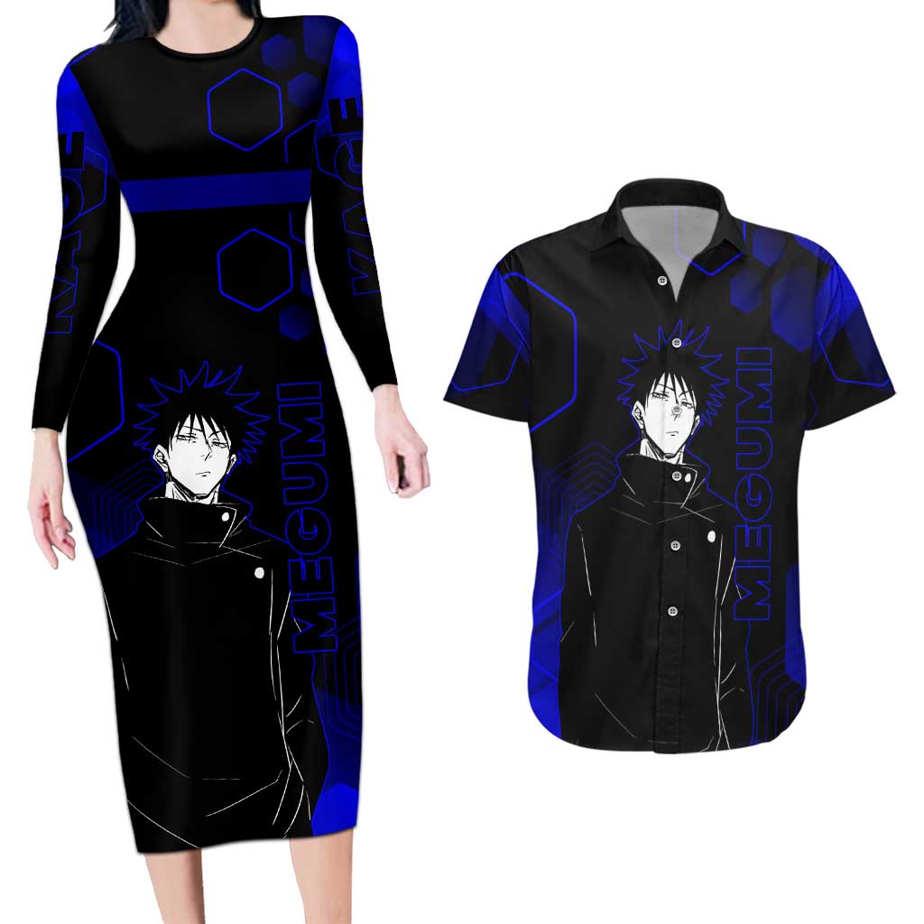 Megumi Fushiguro Jujutsu Kaisen Blue Hexagon Design Couples Matching Long Sleeve Bodycon Dress and Hawaiian Shirt with Shadow Techniques and Manga Style Art - The Mazicc
