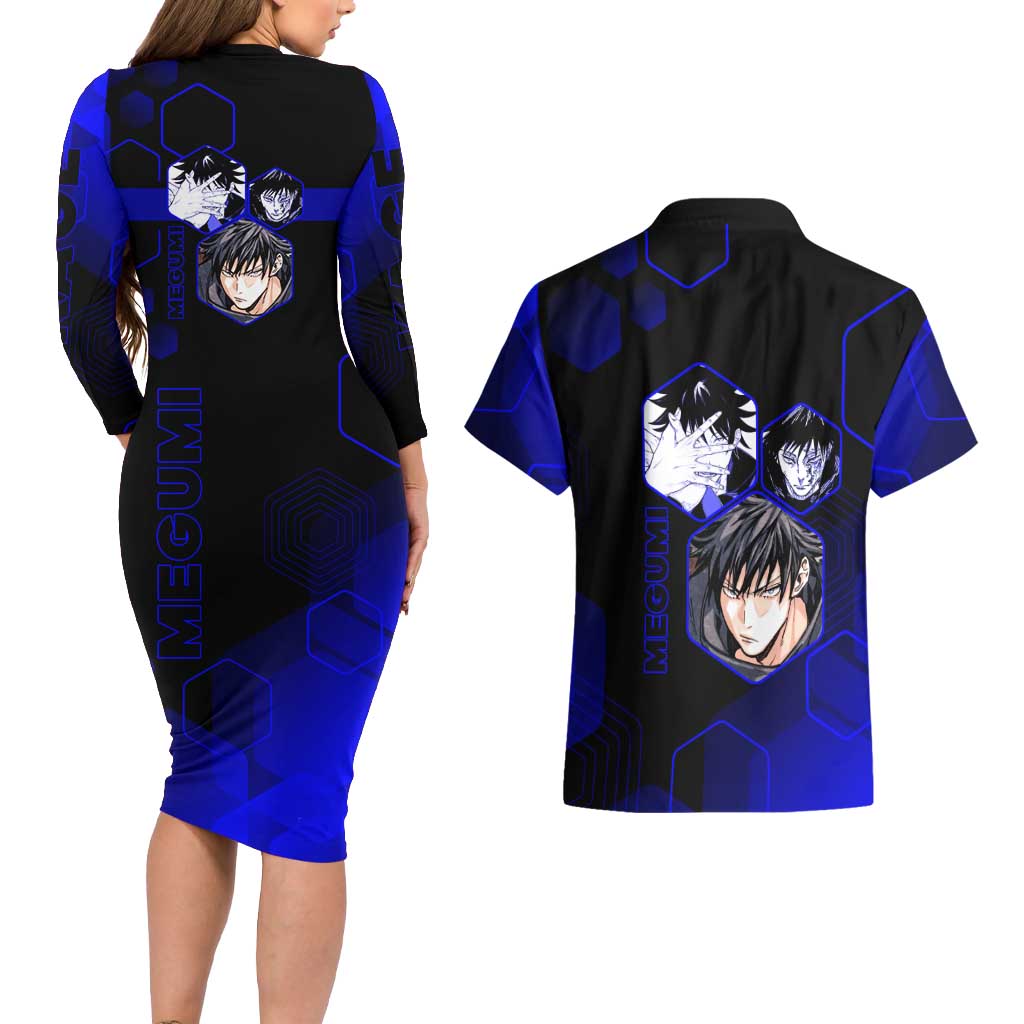 Megumi Fushiguro Jujutsu Kaisen Blue Hexagon Design Couples Matching Long Sleeve Bodycon Dress and Hawaiian Shirt with Shadow Techniques and Manga Style Art - The Mazicc