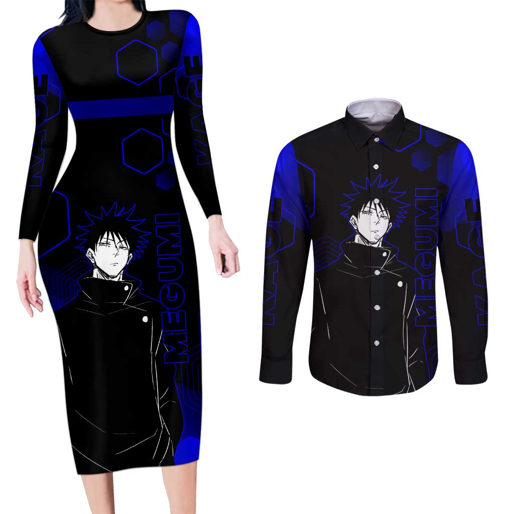 Megumi Fushiguro Jujutsu Kaisen Blue Hexagon Design Couples Matching Long Sleeve Bodycon Dress and Long Sleeve Button Shirt with Shadow Techniques and Manga Style Art - The Mazicc