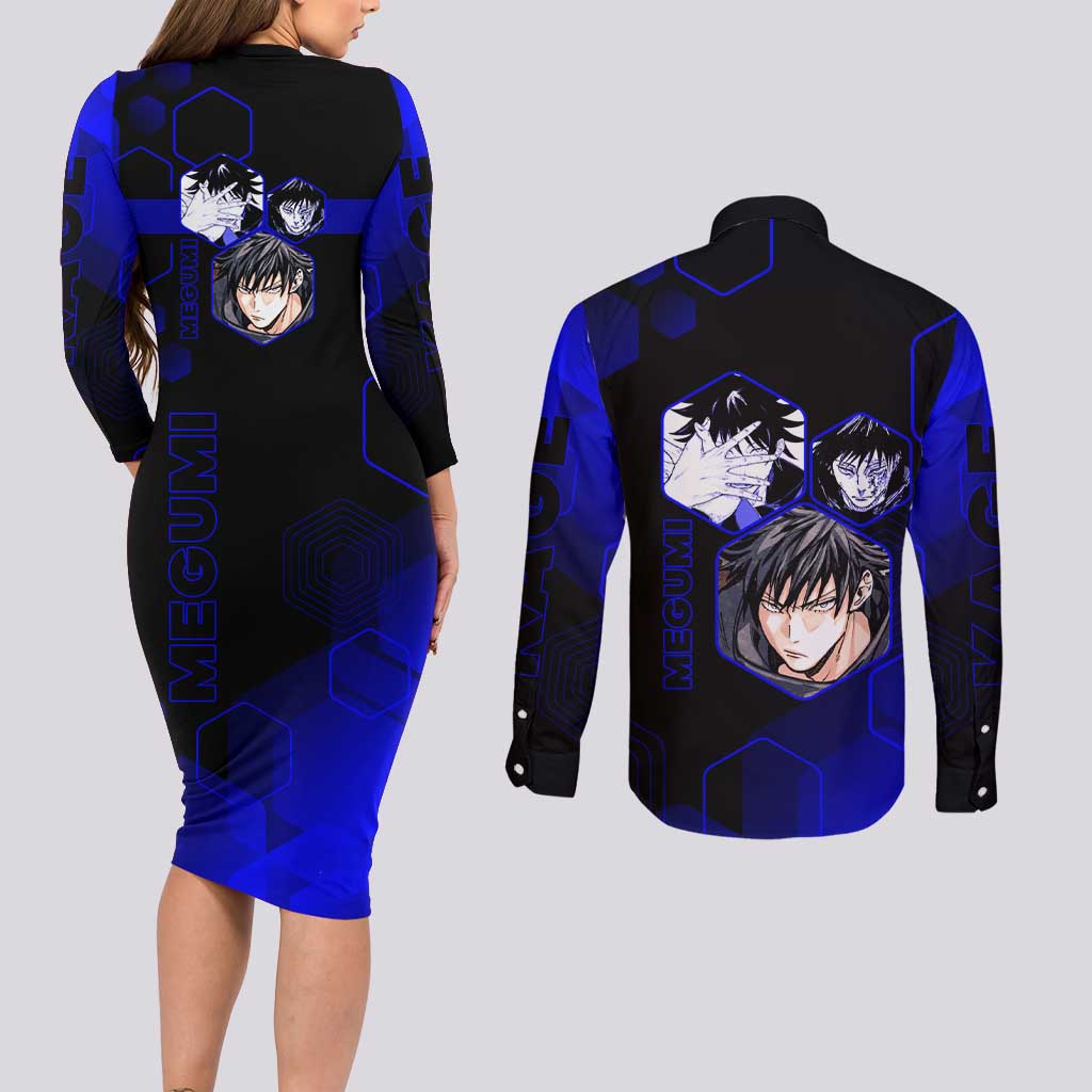 Megumi Fushiguro Jujutsu Kaisen Blue Hexagon Design Couples Matching Long Sleeve Bodycon Dress and Long Sleeve Button Shirt with Shadow Techniques and Manga Style Art - The Mazicc