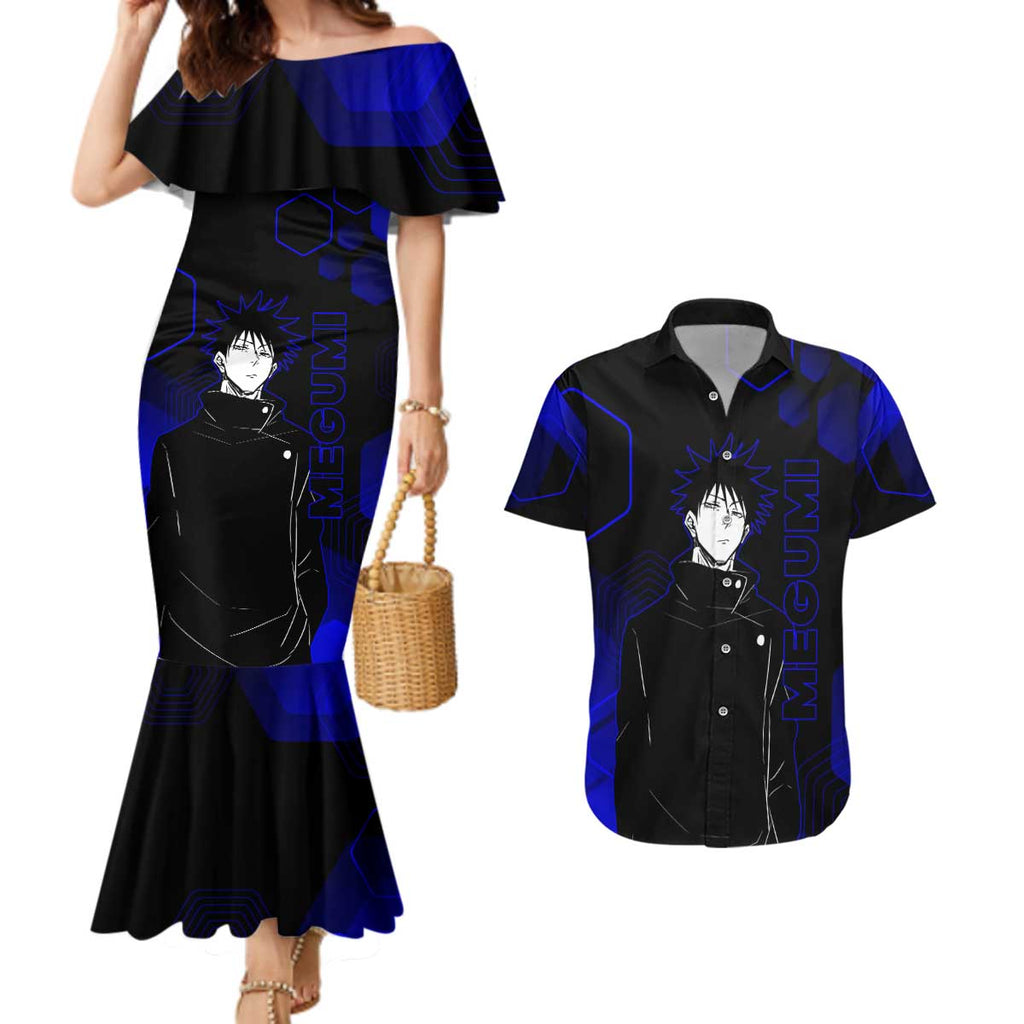 Megumi Fushiguro Jujutsu Kaisen Blue Hexagon Design Couples Matching Mermaid Dress and Hawaiian Shirt with Shadow Techniques and Manga Style Art - The Mazicc