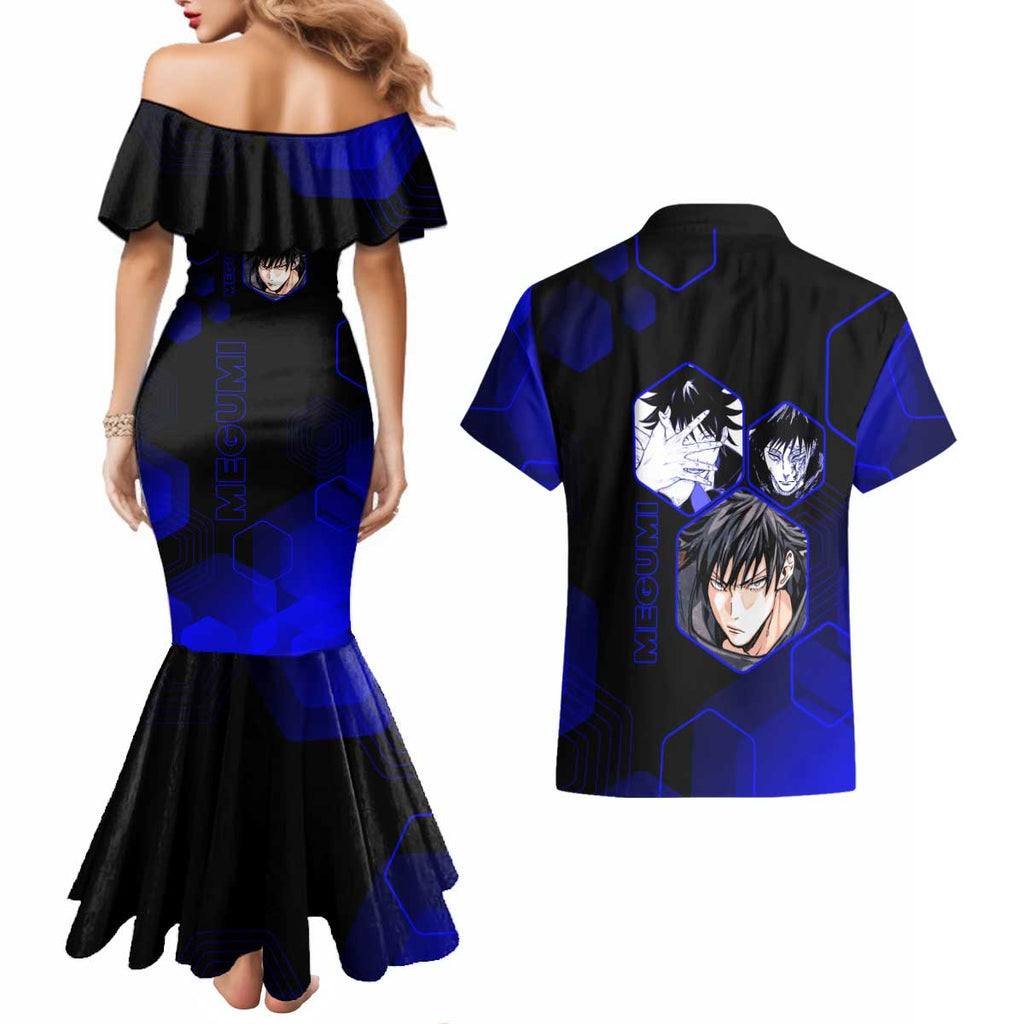 Megumi Fushiguro Jujutsu Kaisen Blue Hexagon Design Couples Matching Mermaid Dress and Hawaiian Shirt with Shadow Techniques and Manga Style Art - The Mazicc