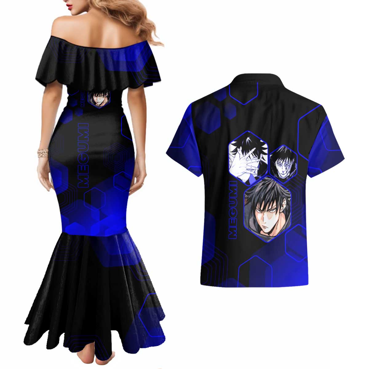 Megumi Fushiguro Jujutsu Kaisen Blue Hexagon Design Couples Matching Mermaid Dress and Hawaiian Shirt with Shadow Techniques and Manga Style Art - The Mazicc