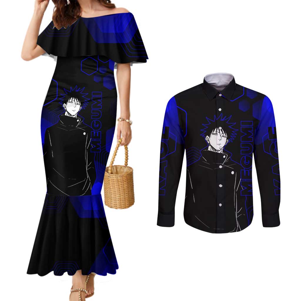 Megumi Fushiguro Jujutsu Kaisen Blue Hexagon Design Couples Matching Mermaid Dress and Long Sleeve Button Shirt with Shadow Techniques and Manga Style Art - The Mazicc