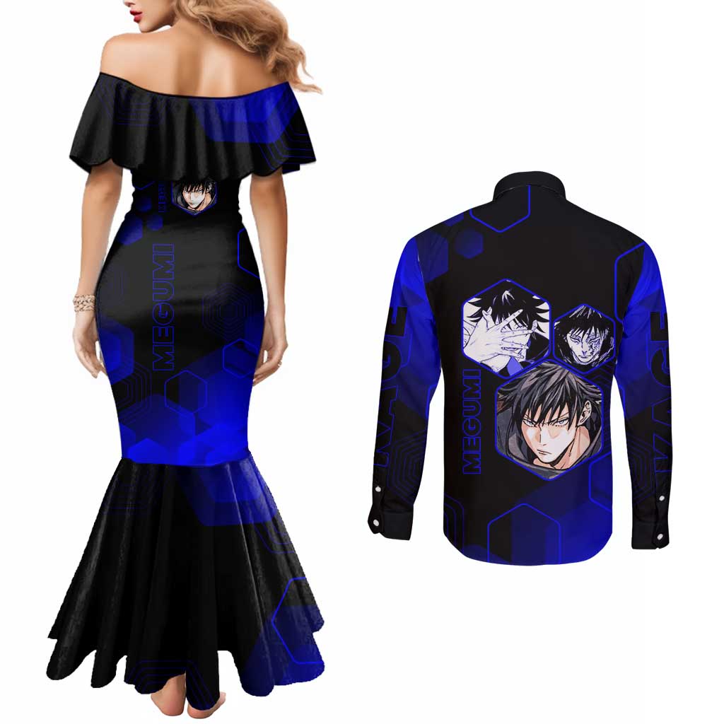 Megumi Fushiguro Jujutsu Kaisen Blue Hexagon Design Couples Matching Mermaid Dress and Long Sleeve Button Shirt with Shadow Techniques and Manga Style Art - The Mazicc