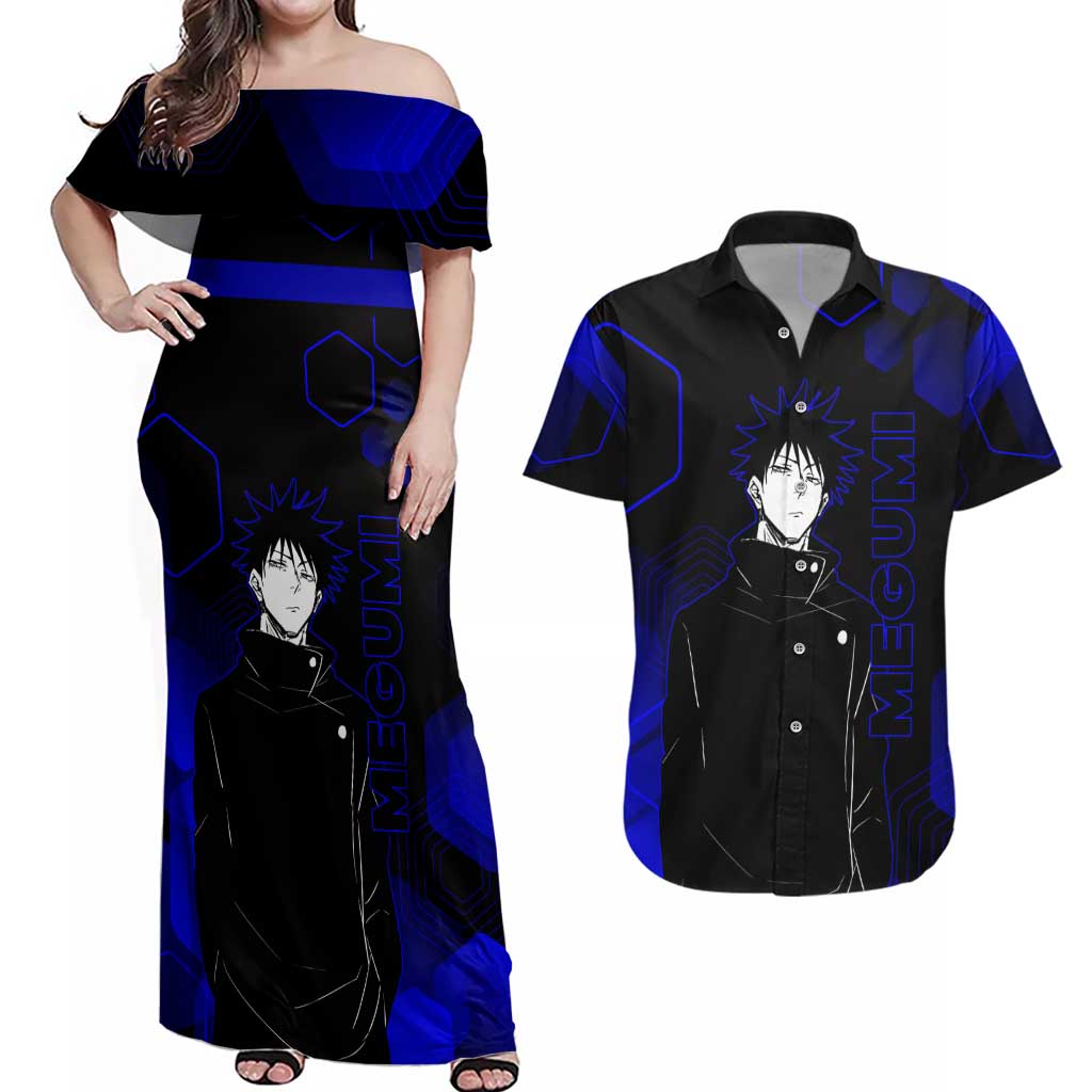 Megumi Fushiguro Jujutsu Kaisen Blue Hexagon Design Couples Matching Off Shoulder Maxi Dress and Hawaiian Shirt with Shadow Techniques and Manga Style Art - The Mazicc