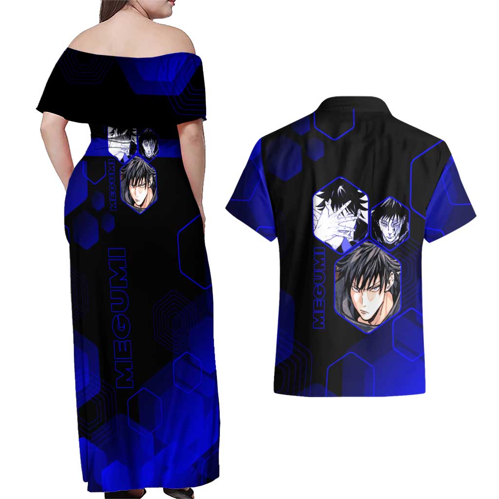 Megumi Fushiguro Jujutsu Kaisen Blue Hexagon Design Couples Matching Off Shoulder Maxi Dress and Hawaiian Shirt with Shadow Techniques and Manga Style Art - The Mazicc