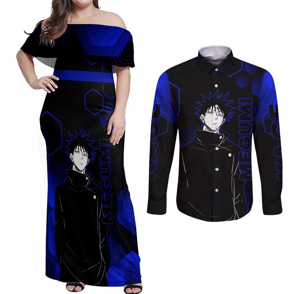 Megumi Fushiguro Jujutsu Kaisen Blue Hexagon Design Couples Matching Off Shoulder Maxi Dress and Long Sleeve Button Shirt with Shadow Techniques and Manga Style Art - The Mazicc