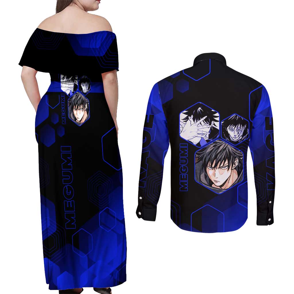 Megumi Fushiguro Jujutsu Kaisen Blue Hexagon Design Couples Matching Off Shoulder Maxi Dress and Long Sleeve Button Shirt with Shadow Techniques and Manga Style Art - The Mazicc