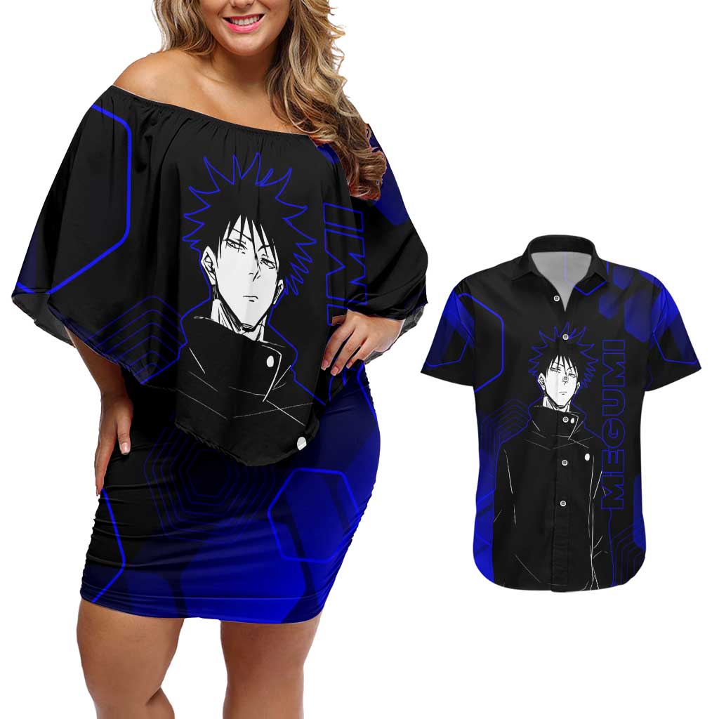 Megumi Fushiguro Jujutsu Kaisen Blue Hexagon Design Couples Matching Off Shoulder Short Dress and Hawaiian Shirt with Shadow Techniques and Manga Style Art - The Mazicc