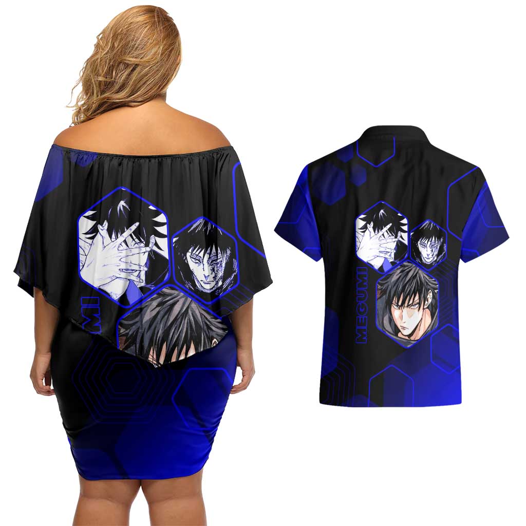 Megumi Fushiguro Jujutsu Kaisen Blue Hexagon Design Couples Matching Off Shoulder Short Dress and Hawaiian Shirt with Shadow Techniques and Manga Style Art - The Mazicc
