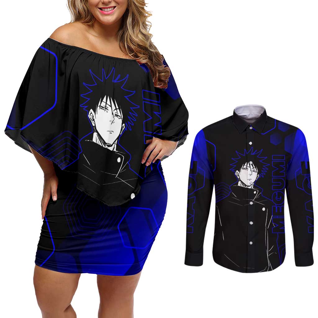 Megumi Fushiguro Jujutsu Kaisen Blue Hexagon Design Couples Matching Off Shoulder Short Dress and Long Sleeve Button Shirt with Shadow Techniques and Manga Style Art - The Mazicc