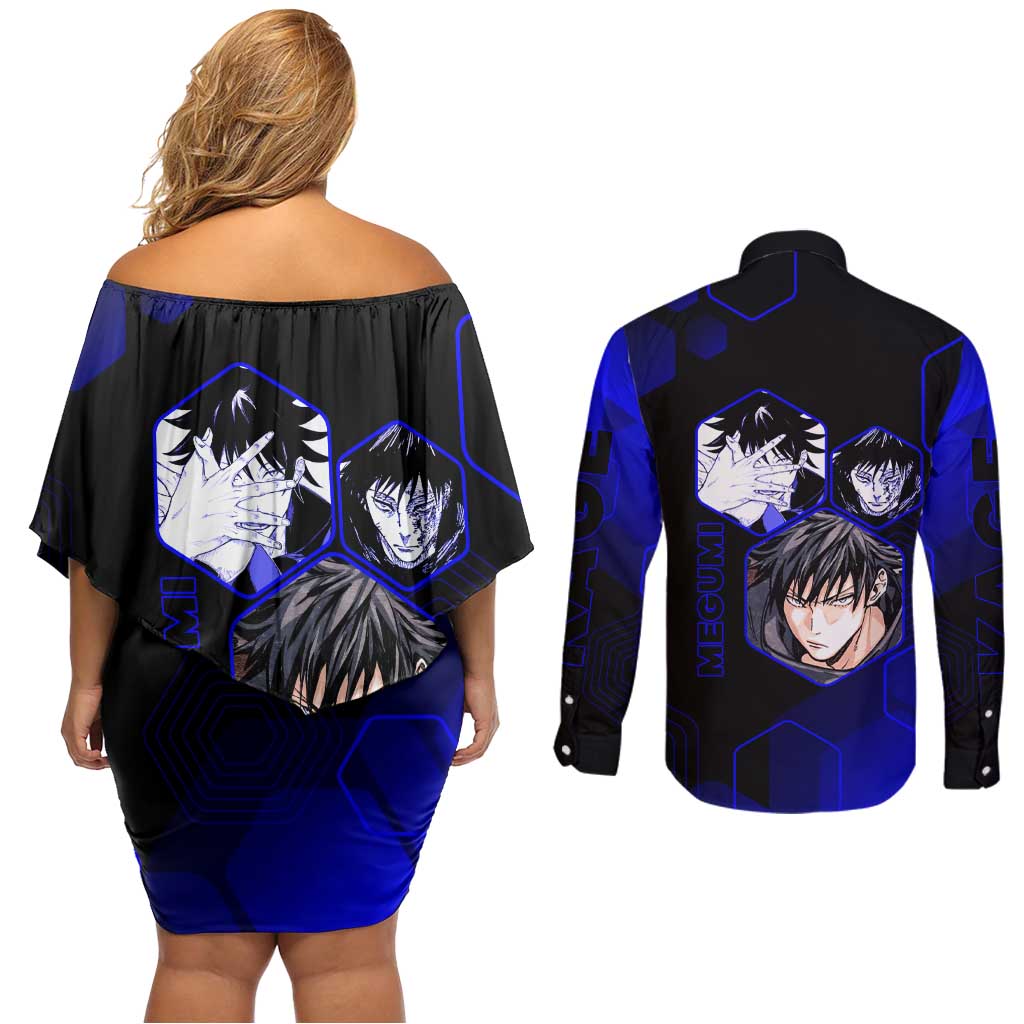 Megumi Fushiguro Jujutsu Kaisen Blue Hexagon Design Couples Matching Off Shoulder Short Dress and Long Sleeve Button Shirt with Shadow Techniques and Manga Style Art - The Mazicc