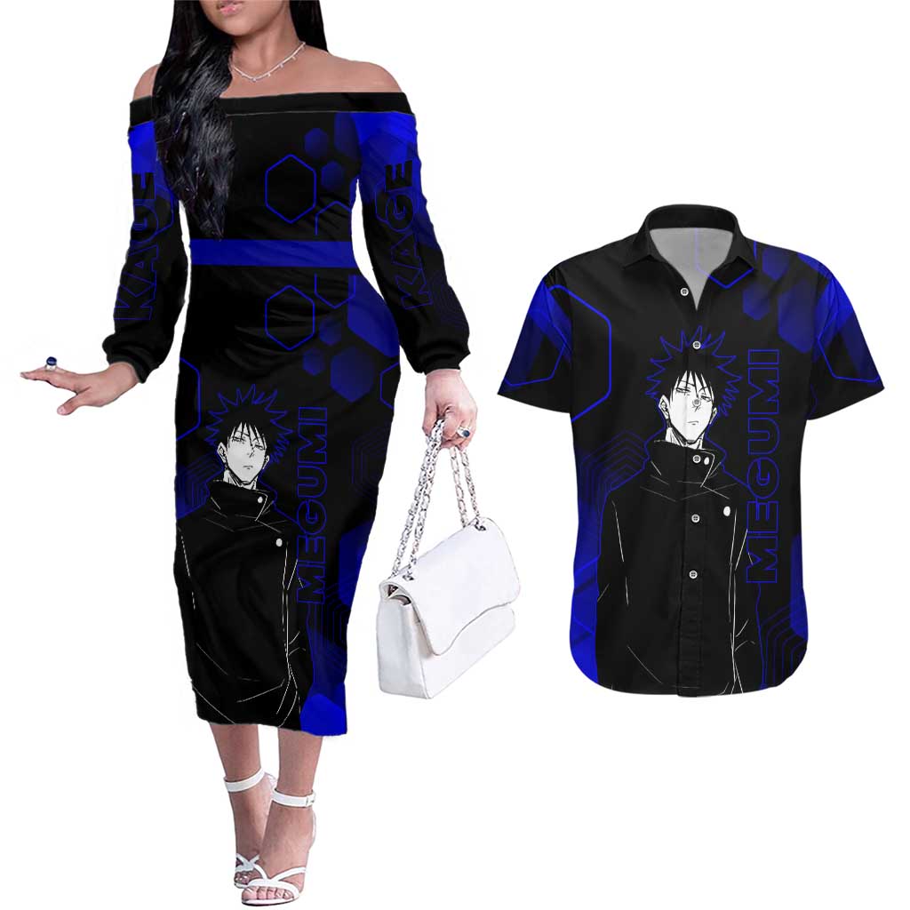 Megumi Fushiguro Jujutsu Kaisen Blue Hexagon Design Couples Matching Off The Shoulder Long Sleeve Dress and Hawaiian Shirt with Shadow Techniques and Manga Style Art - The Mazicc