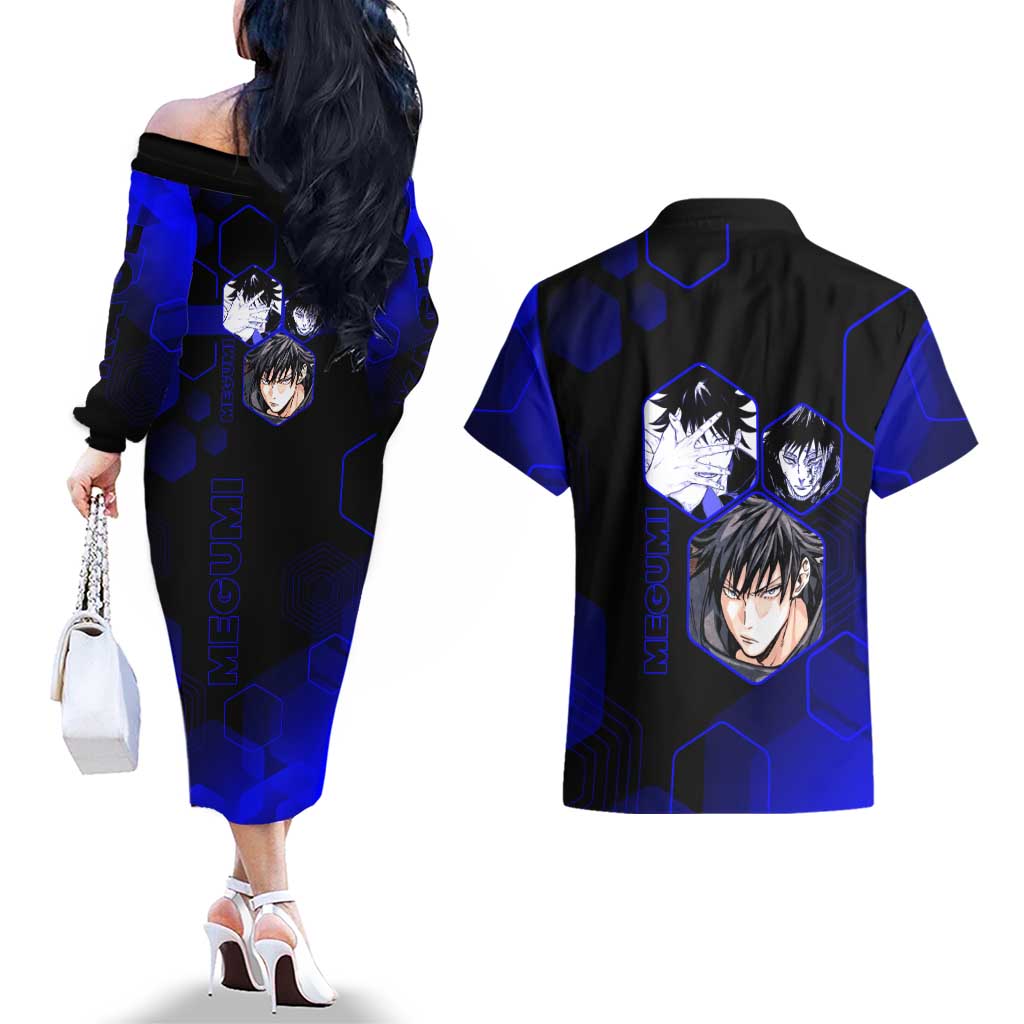 Megumi Fushiguro Jujutsu Kaisen Blue Hexagon Design Couples Matching Off The Shoulder Long Sleeve Dress and Hawaiian Shirt with Shadow Techniques and Manga Style Art - The Mazicc