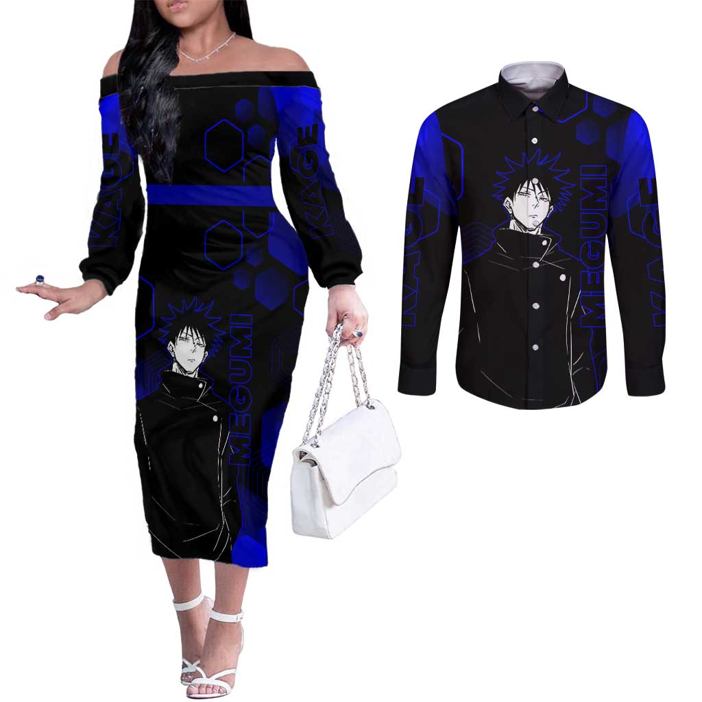 Megumi Fushiguro Jujutsu Kaisen Blue Hexagon Design Couples Matching Off The Shoulder Long Sleeve Dress and Long Sleeve Button Shirt with Shadow Techniques and Manga Style Art - The Mazicc