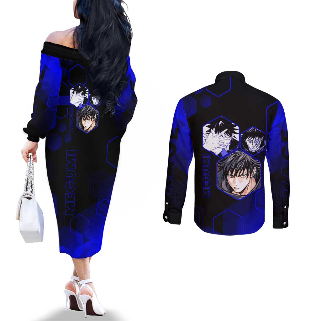 Megumi Fushiguro Jujutsu Kaisen Blue Hexagon Design Couples Matching Off The Shoulder Long Sleeve Dress and Long Sleeve Button Shirt with Shadow Techniques and Manga Style Art - The Mazicc