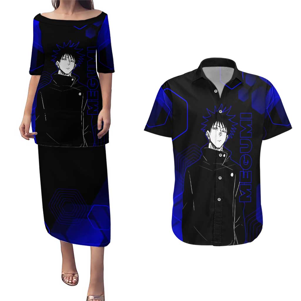 Megumi Fushiguro Jujutsu Kaisen Blue Hexagon Design Couples Matching Puletasi and Hawaiian Shirt with Shadow Techniques and Manga Style Art - The Mazicc