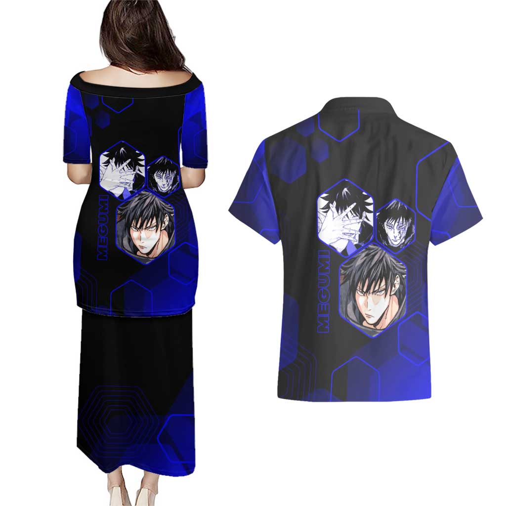 Megumi Fushiguro Jujutsu Kaisen Blue Hexagon Design Couples Matching Puletasi and Hawaiian Shirt with Shadow Techniques and Manga Style Art - The Mazicc