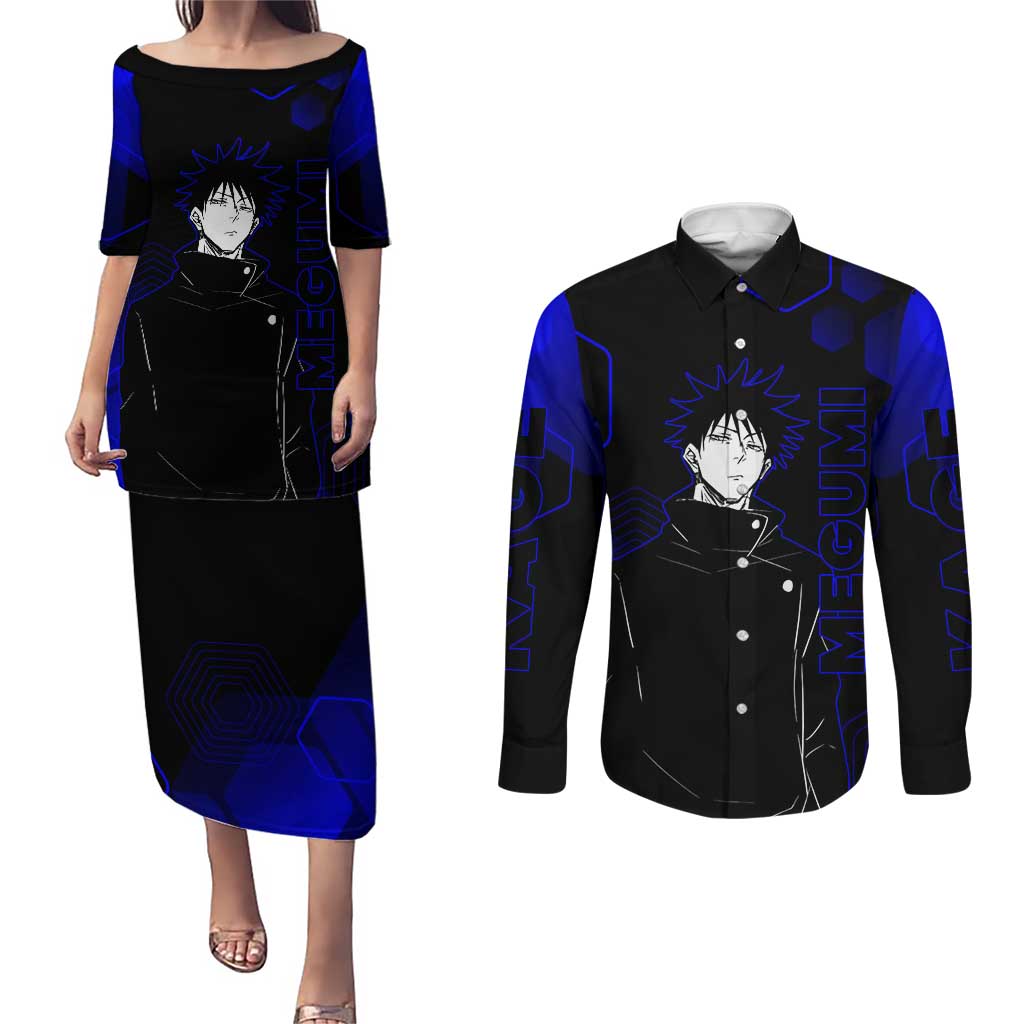 Megumi Fushiguro Jujutsu Kaisen Blue Hexagon Design Couples Matching Puletasi and Long Sleeve Button Shirt with Shadow Techniques and Manga Style Art - The Mazicc