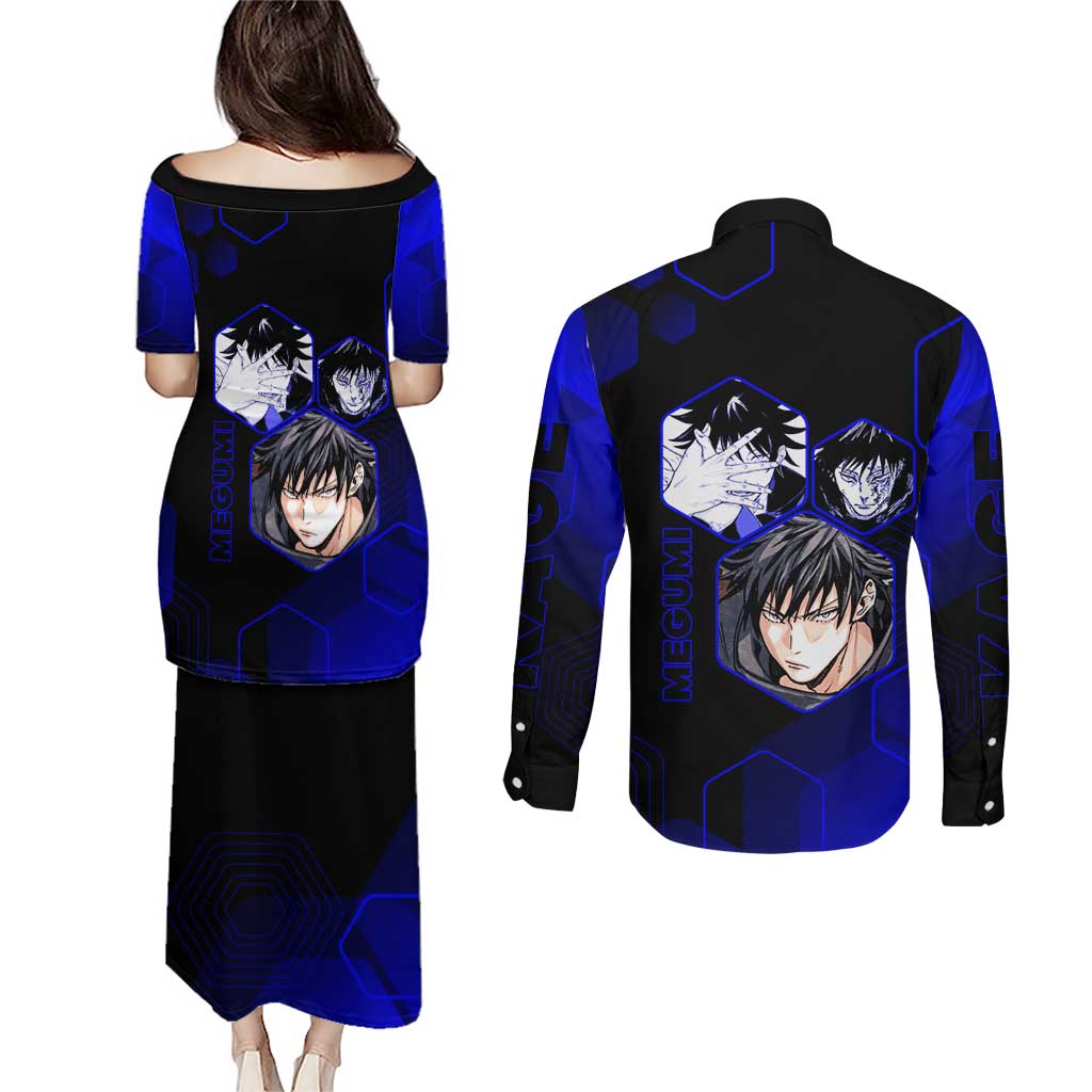 Megumi Fushiguro Jujutsu Kaisen Blue Hexagon Design Couples Matching Puletasi and Long Sleeve Button Shirt with Shadow Techniques and Manga Style Art - The Mazicc