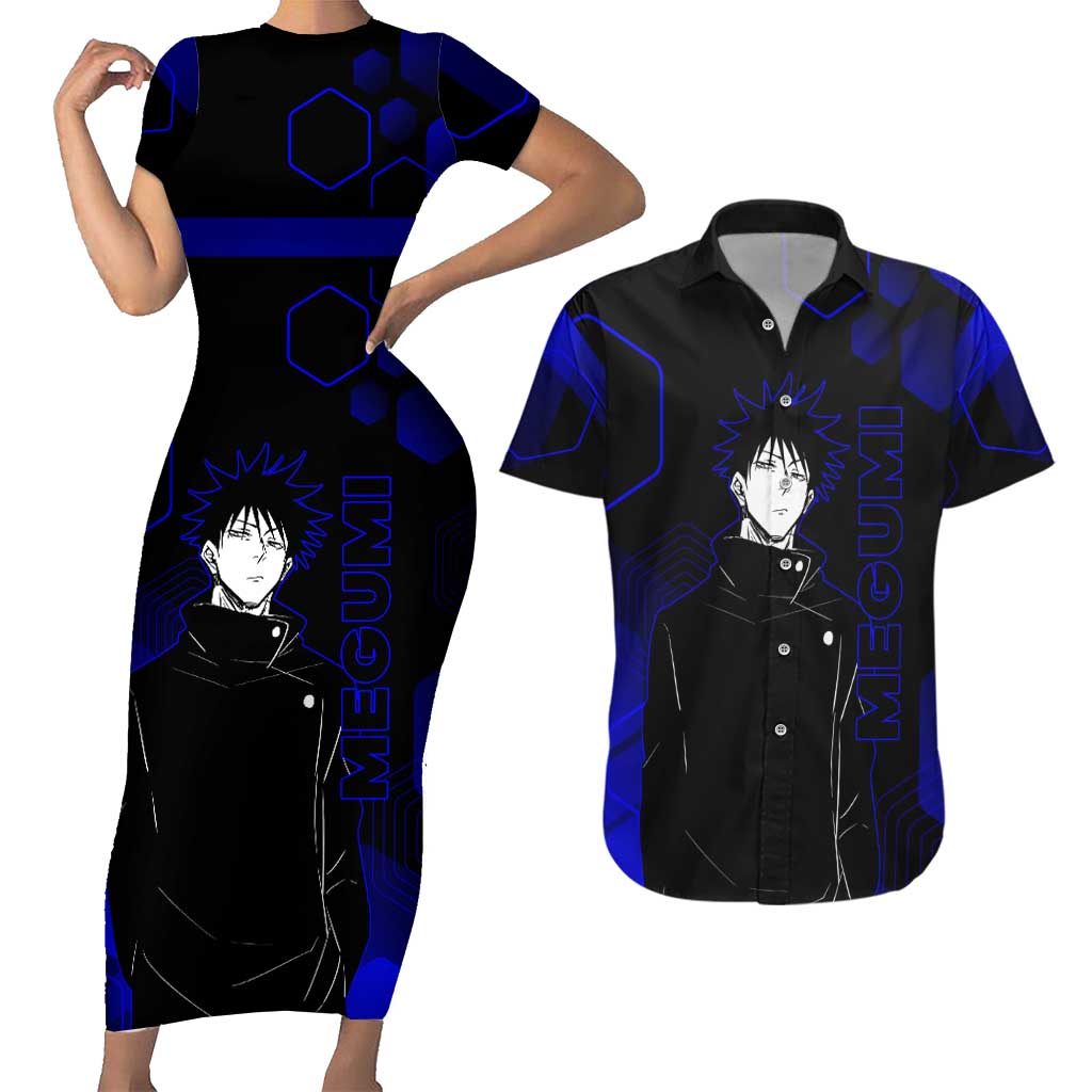 Megumi Fushiguro Jujutsu Kaisen Blue Hexagon Design Couples Matching Short Sleeve Bodycon Dress and Hawaiian Shirt with Shadow Techniques and Manga Style Art - The Mazicc