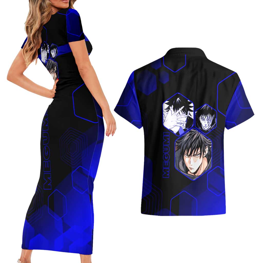 Megumi Fushiguro Jujutsu Kaisen Blue Hexagon Design Couples Matching Short Sleeve Bodycon Dress and Hawaiian Shirt with Shadow Techniques and Manga Style Art - The Mazicc