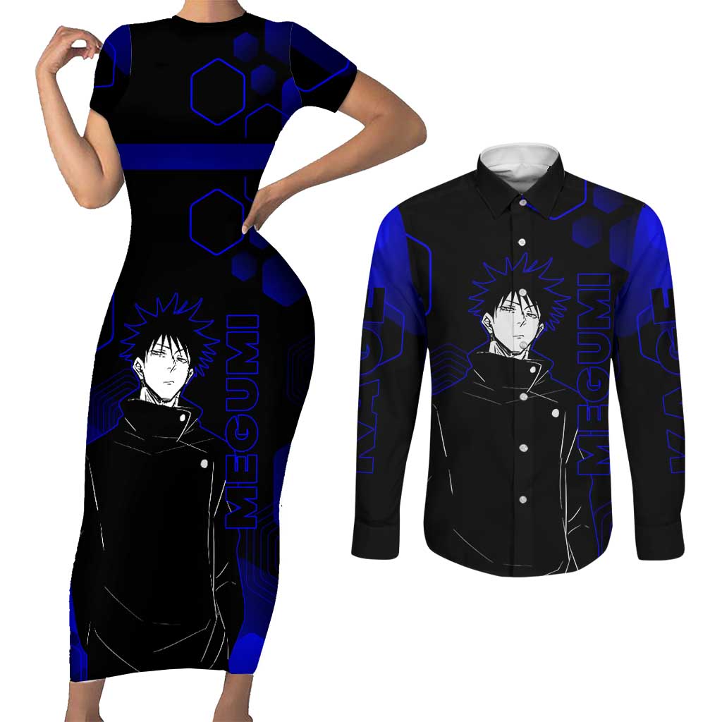 Megumi Fushiguro Jujutsu Kaisen Blue Hexagon Design Couples Matching Short Sleeve Bodycon Dress and Long Sleeve Button Shirt with Shadow Techniques and Manga Style Art - The Mazicc