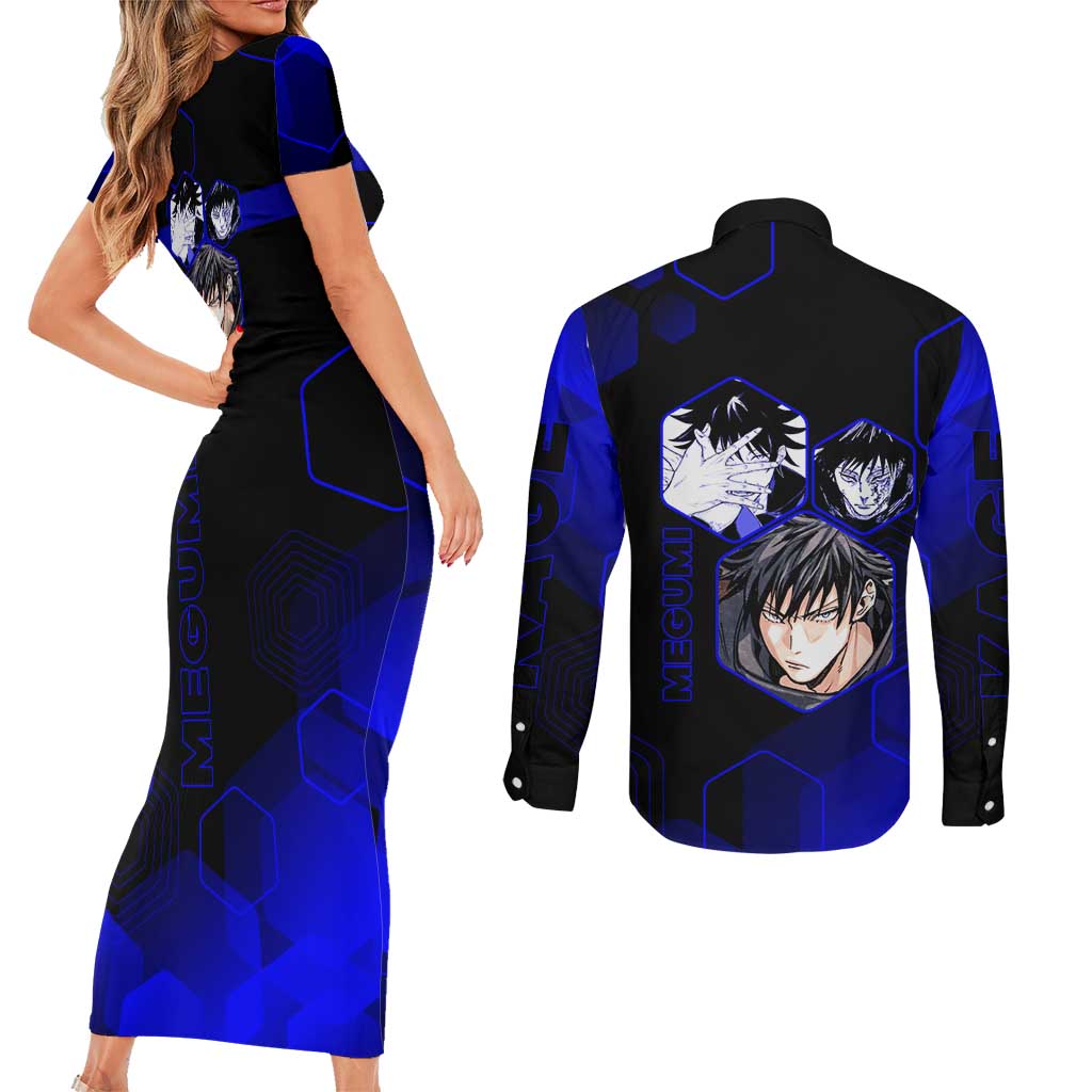 Megumi Fushiguro Jujutsu Kaisen Blue Hexagon Design Couples Matching Short Sleeve Bodycon Dress and Long Sleeve Button Shirt with Shadow Techniques and Manga Style Art - The Mazicc