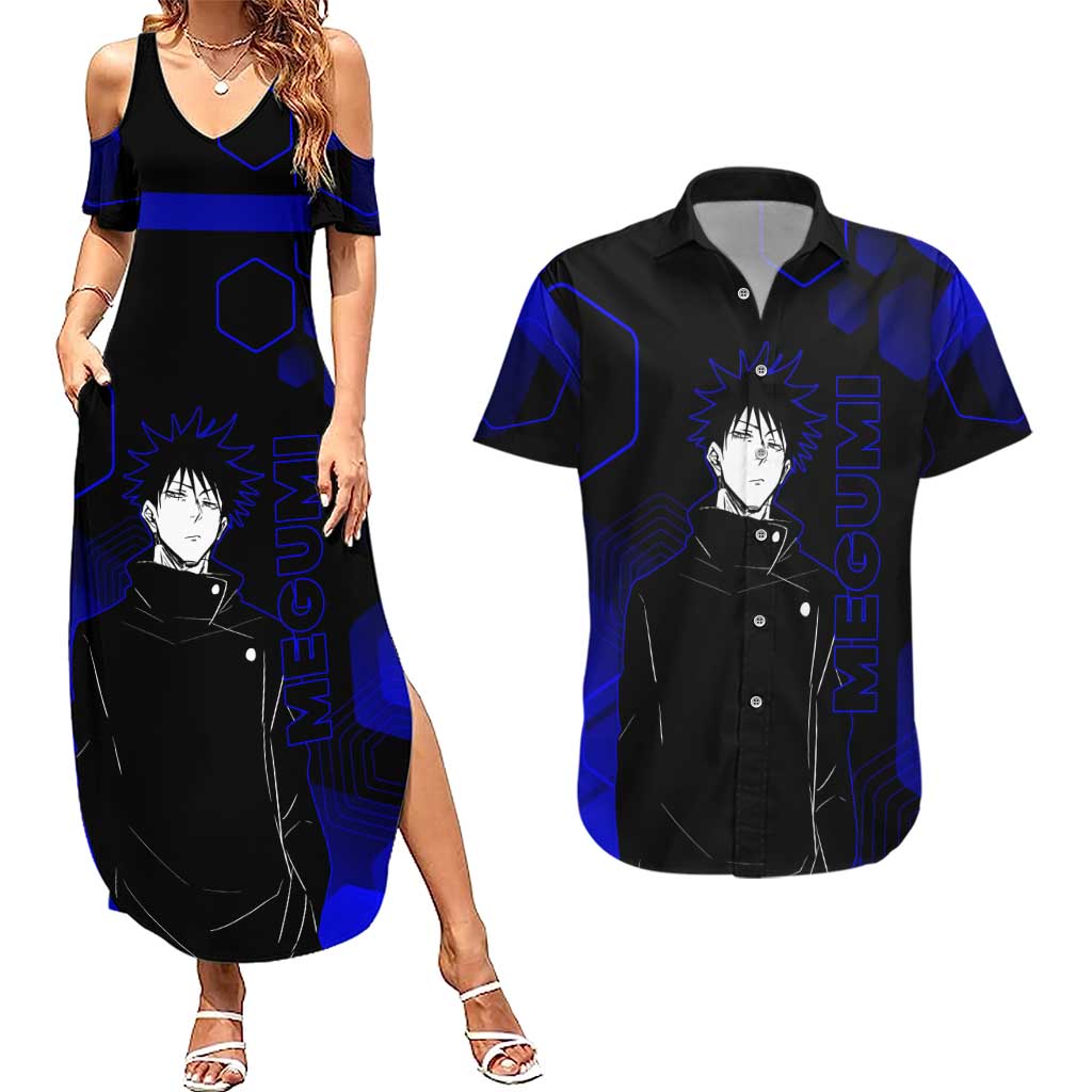Megumi Fushiguro Jujutsu Kaisen Blue Hexagon Design Couples Matching Summer Maxi Dress and Hawaiian Shirt with Shadow Techniques and Manga Style Art - The Mazicc