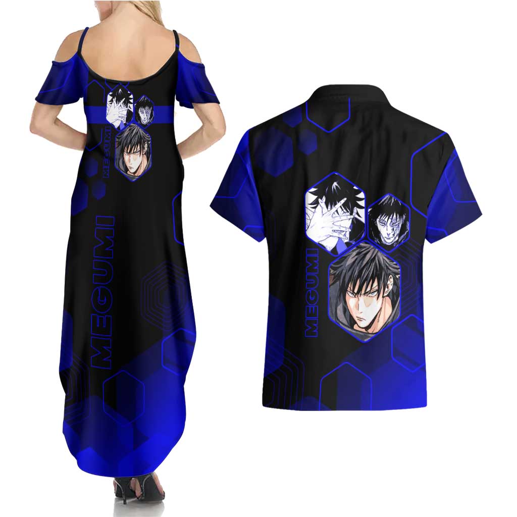 Megumi Fushiguro Jujutsu Kaisen Blue Hexagon Design Couples Matching Summer Maxi Dress and Hawaiian Shirt with Shadow Techniques and Manga Style Art - The Mazicc