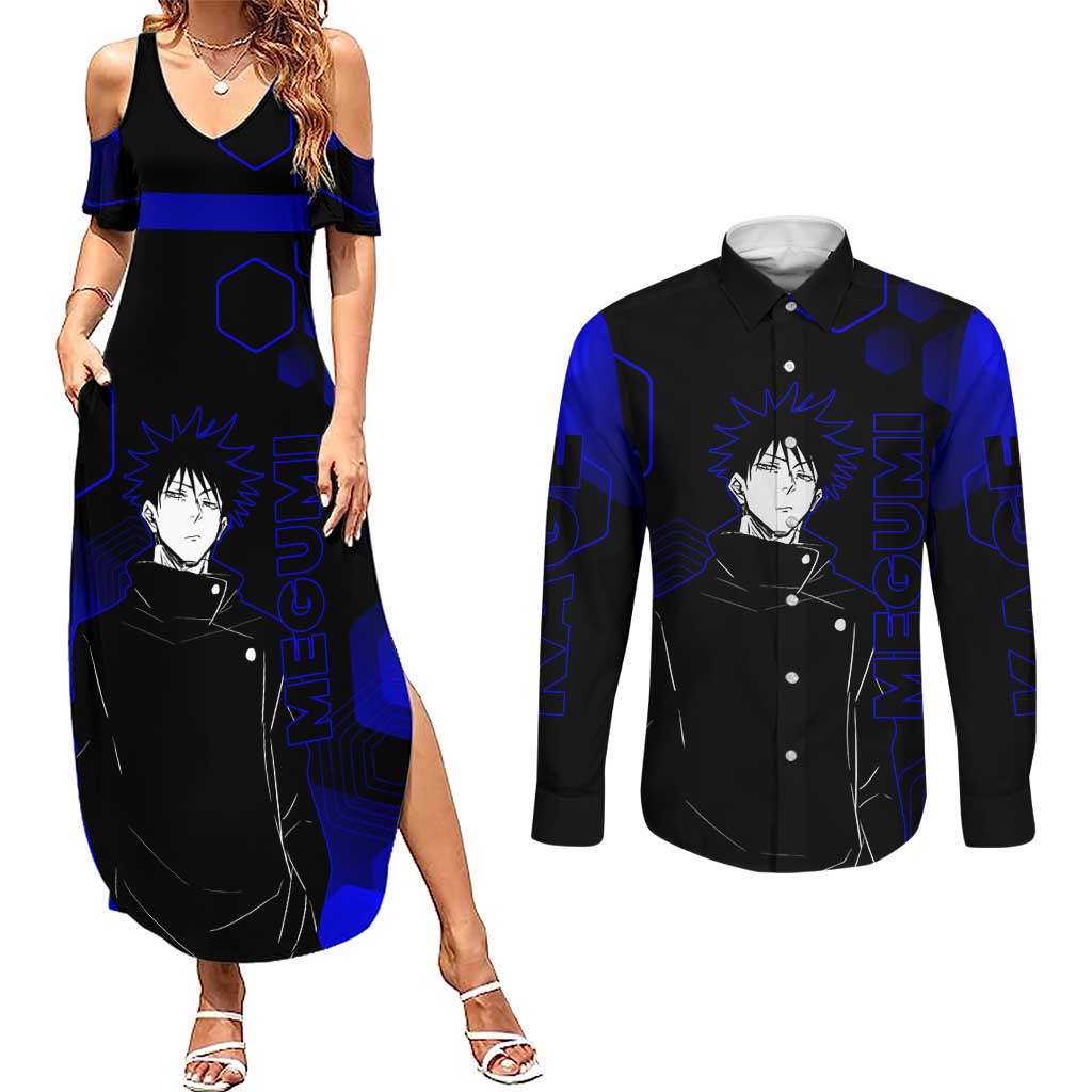 Megumi Fushiguro Jujutsu Kaisen Blue Hexagon Design Couples Matching Summer Maxi Dress and Long Sleeve Button Shirt with Shadow Techniques and Manga Style Art - The Mazicc